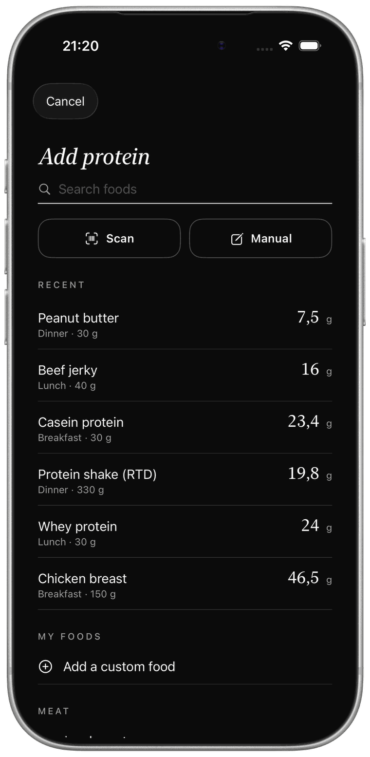 The add-protein screen in dark mode, showing barcode scan and manual entry alongside a list of recently logged foods