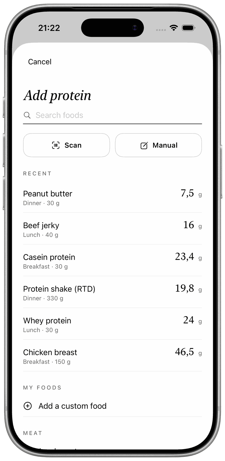 The add-protein screen, showing barcode scan and manual entry alongside a list of recently logged foods