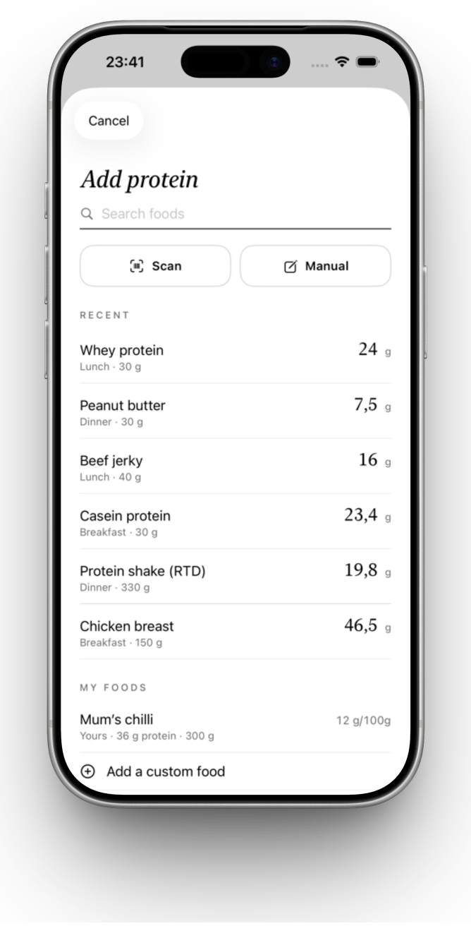 The add-protein screen, showing barcode scan and manual entry alongside a list of recently logged foods