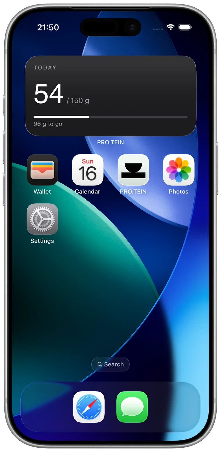 A dark iPhone Home Screen with the PRO.TEIN widget at the top, showing 54 of 150 g logged today and 96 g to go