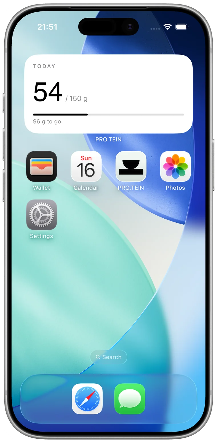 An iPhone Home Screen with the PRO.TEIN widget at the top, showing 54 of 150 g logged today and 96 g to go