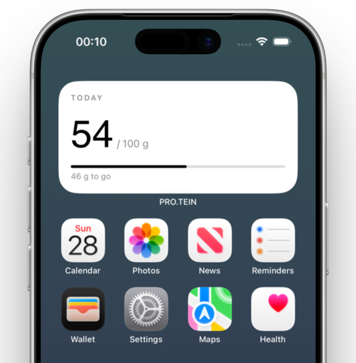 The PRO.TEIN widget on an iPhone Home Screen, showing today's protein total and remaining amount