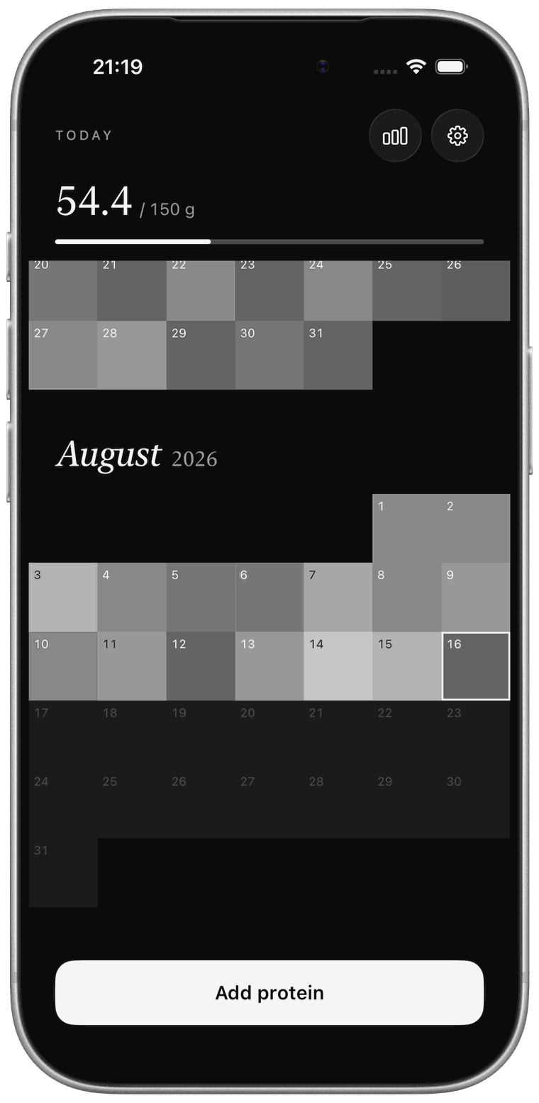 PRO.TEIN on iPhone in dark mode, showing two months of protein as a grid of shaded squares — lighter squares are higher-protein days