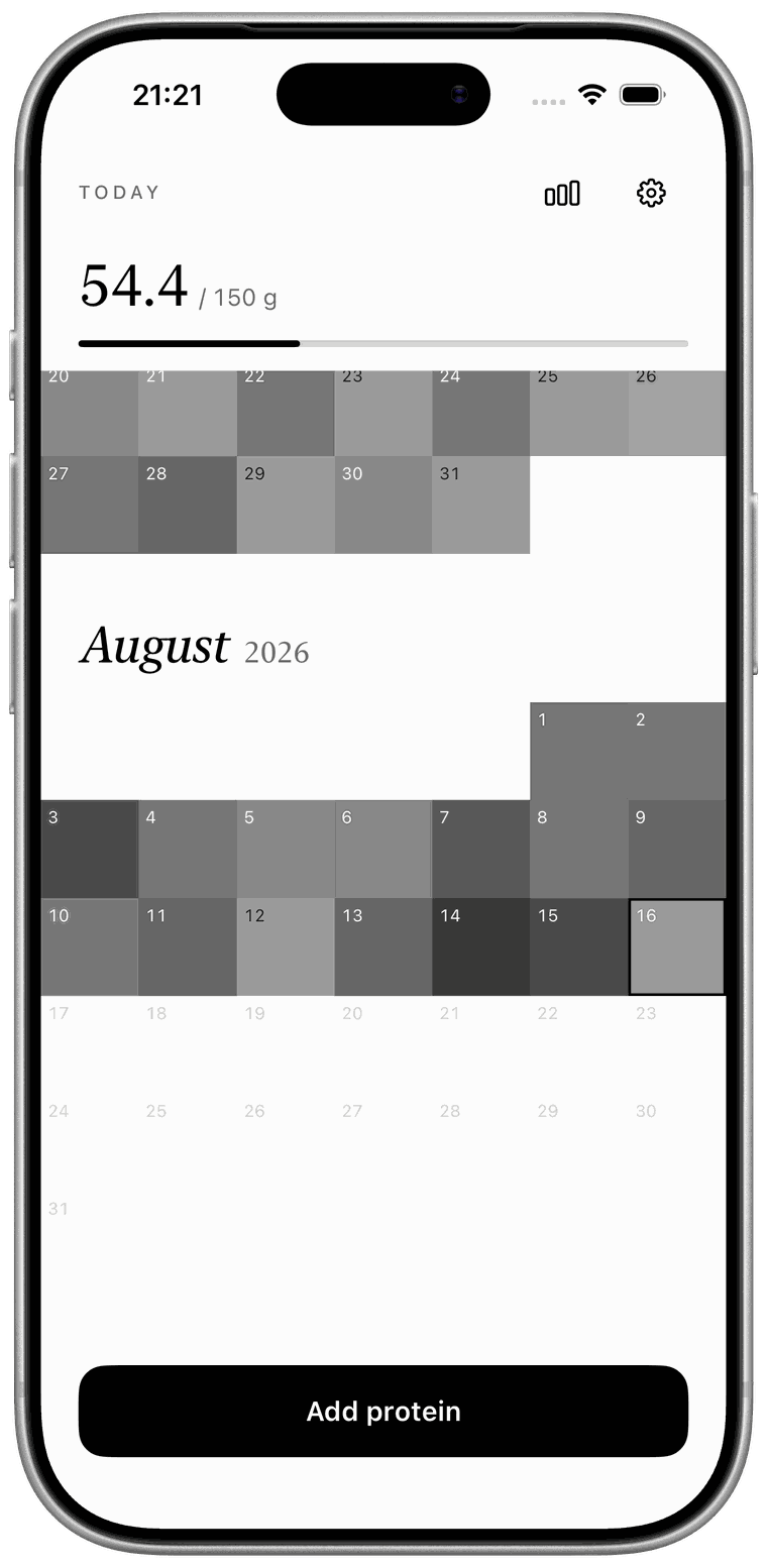 PRO.TEIN on iPhone, showing two months of protein as a grid of shaded squares — darker squares are higher-protein days
