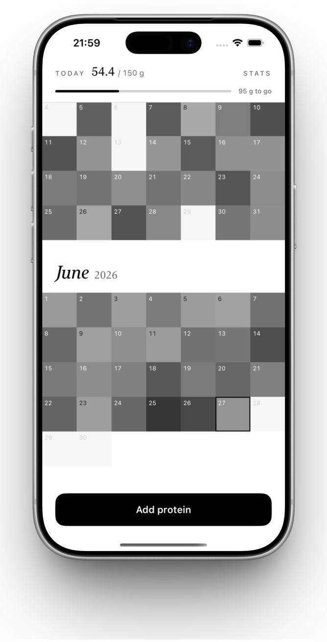PRO.TEIN on iPhone, showing two months of protein as a grid of shaded squares — darker squares are higher-protein days